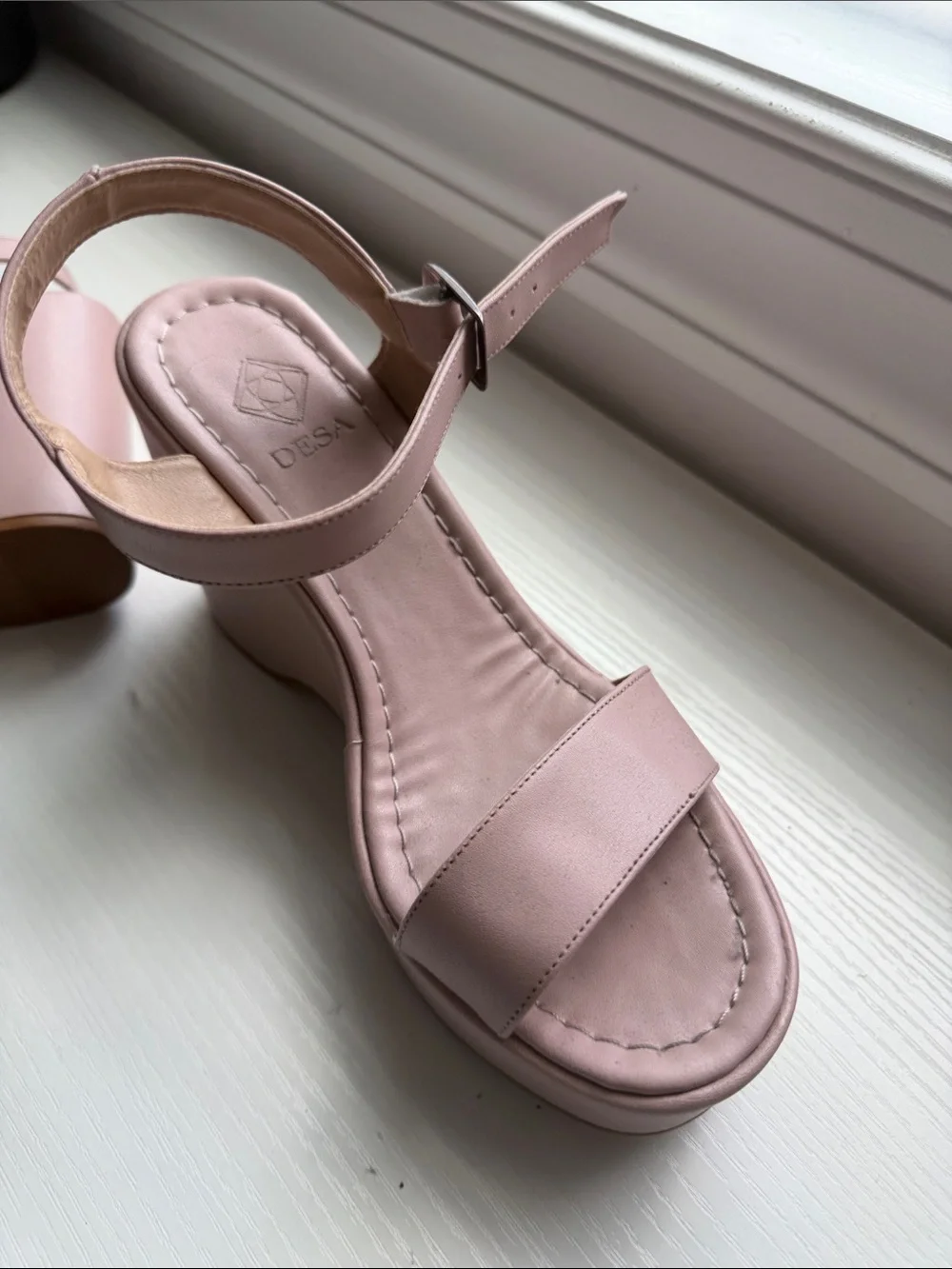 Blush Pink Wedge Sandals with Ankle Strap